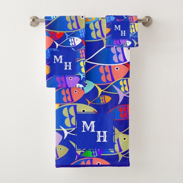 Farbenfrohe Fische Art Déco-Monogramm Badhandtuch Set (Insitu)