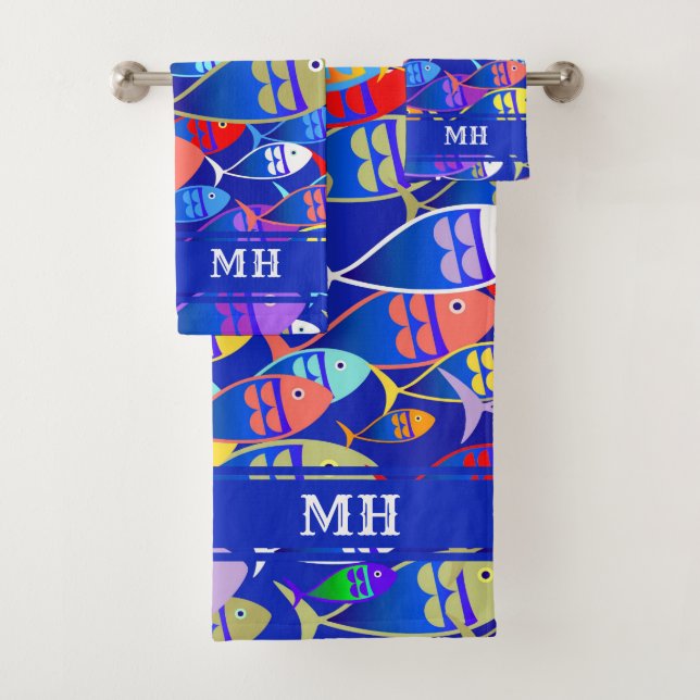 Farbenfrohe Fische Art Déco-Monogramm Badhandtuch Set (Insitu)