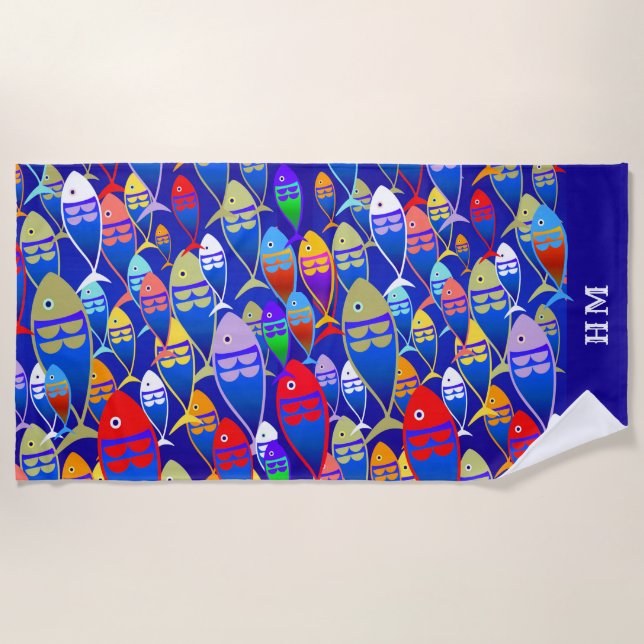 Farbenfrohe Fische Art Déco-Monogramm Strandtuch (Vorderseite)