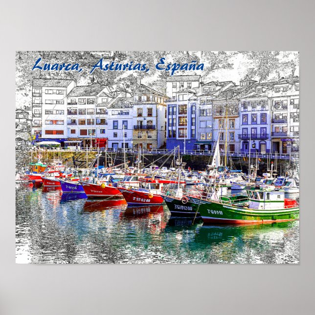 Farbenfrohe Fischerboote in Luarca, Asturien, Span Poster (Vorne)