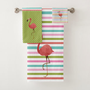 Farbenfrohe Flamingo Tropische Streifen Polka Dot Badhandtuch Set