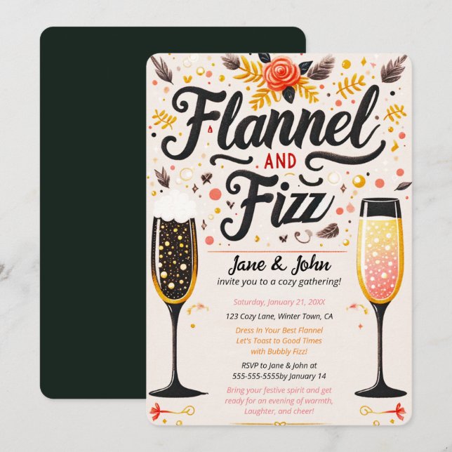 Farbenfrohe Flannel und Fizz Bubbly Drinks Party Einladung (Vorne/Hinten)