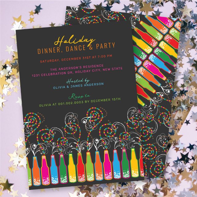 Farbenfrohe Flaschen Bubbly Celebrrations Feierlic Einladung (Colorful Bottles Bubbly Celebrations Holiday Party Invitation @ fat_fa_tin)