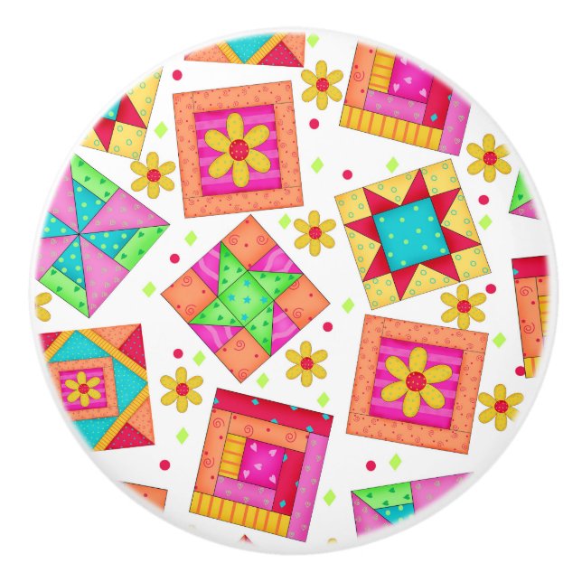 Farbenfrohe Flickwerk Block Kunst im Weißen Keramikknauf (Vorderseite)