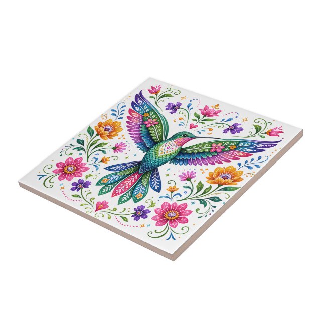 Farbenfrohe Flok-Kunst Kolibri Fliese (Seite)