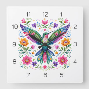 Farbenfrohe Flok-Kunst Kolibri Quadratische Wanduhr