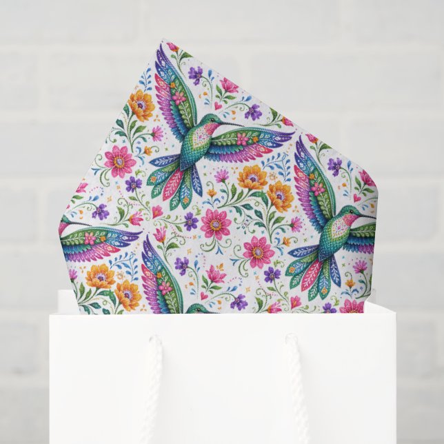 Farbenfrohe Flok-Kunst Kolibri Seidenpapier (Geschenktüte)