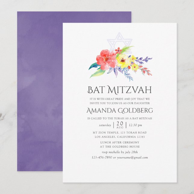 Farbenfrohe Flora Bat Mitzvah Einladung (Vorne/Hinten)