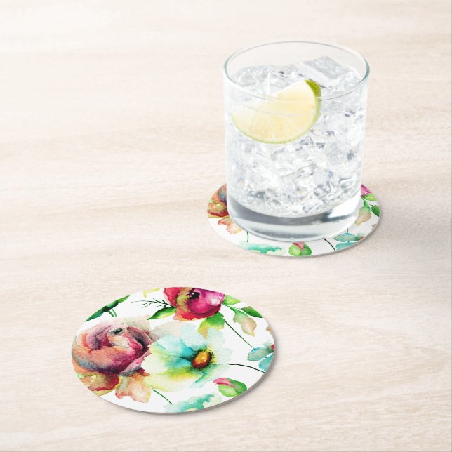 Farbenfrohe Floral Collage Aquarellfarben Illustra Runder Pappuntersetzer (Vor Ort)