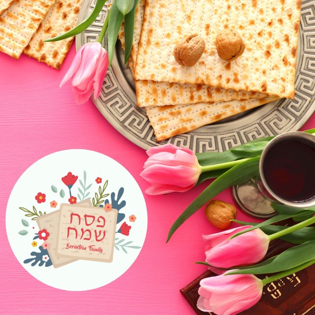 Farbenfrohe Floral Matzah Hebrew Happy Pessach Runder Aufkleber (Von Creator hochgeladen)