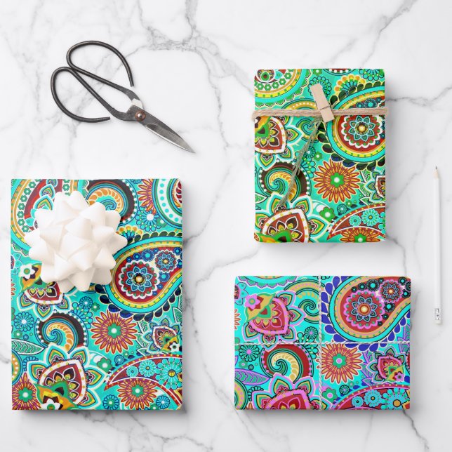 Farbenfrohe Floral Paisley Geschenkpapier Set (Vorderseite)