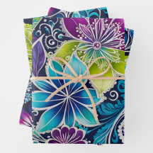 Farbenfrohe florale Batik Art Wrapping Paper Sheet