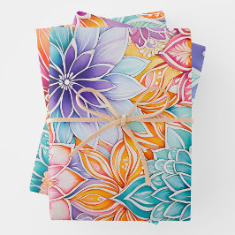Farbenfrohe florale Batik Art Wrapping Paper Sheet Geschenkpapier Set