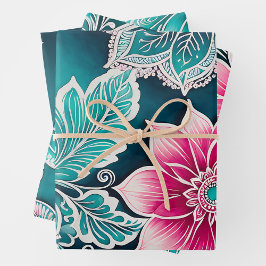 Farbenfrohe florale Batik Art Wrapping Paper Sheet Geschenkpapier Set