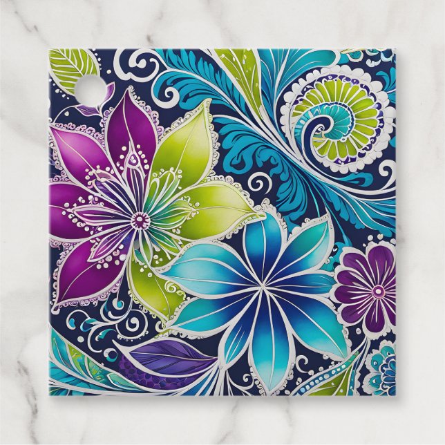 Farbenfrohe florale Batik Kunsttipps Geschenkanhänger (Vorderseite)