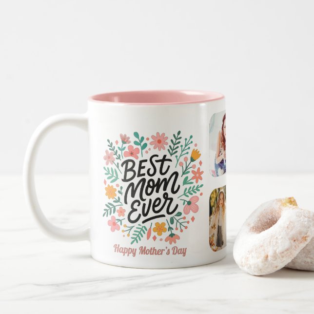 Farbenfrohe florale Beste Mama je Foto Grip Keepak Zweifarbige Tasse (Mit Donut)
