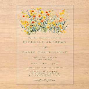 Farbenfrohe florale Hochzeit Acryleinladungen