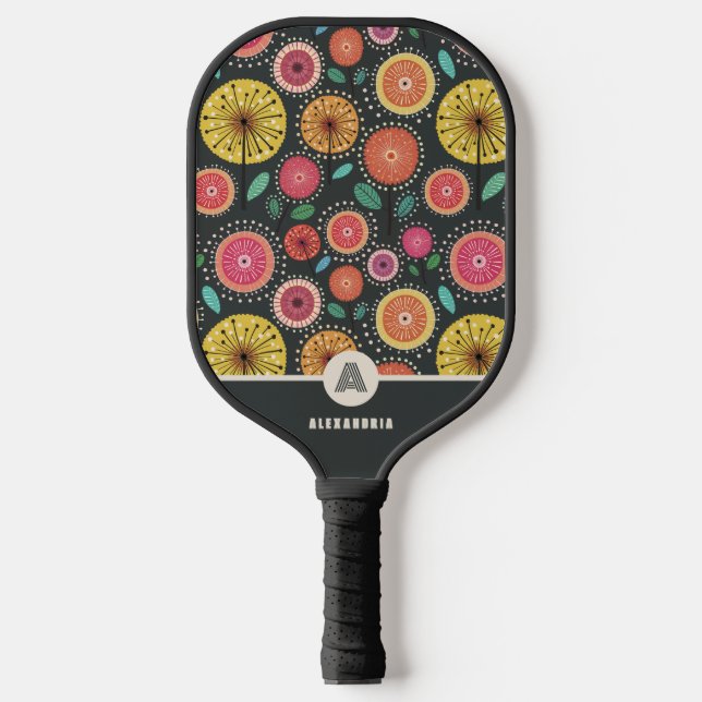 Farbenfrohe florale Monogramm-Paddel Pickleball Schläger (Vorderseite)
