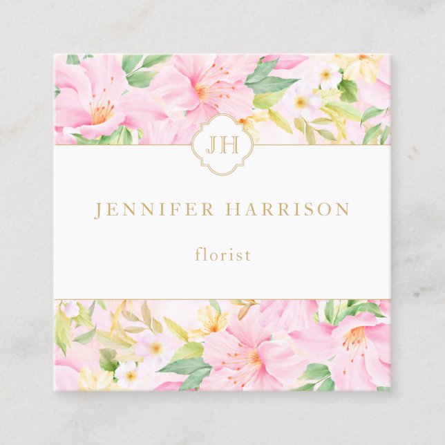 Farbenfrohe florale Monogramm Wasserfarben Botanis Quadratische Visitenkarte (Vorderseite)