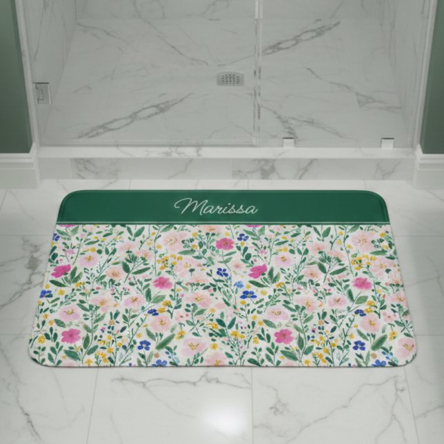 Farbenfrohe Florale Personalisierte  Badematte (elegant colorful floral wildflower personalized bath mat with monogram name in script)
