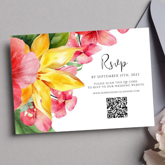 Farbenfrohe florale QR Code Tropische Hochzeit RSVP Karte (Colorful Floral QR Code Tropical Wedding RSVP Card)