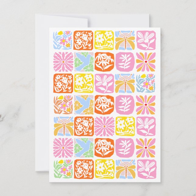Farbenfrohe florale Tile Botanische Folk Whimsical Einladung (Vorderseite)