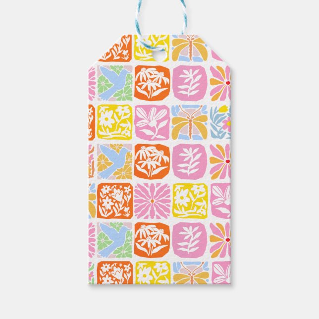 Farbenfrohe florale Tile Botanische Folk Whimsical Geschenkanhänger (Vorderseite)
