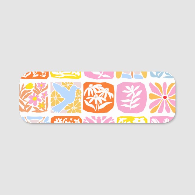Farbenfrohe florale Tile Botanische Folk Whimsical Namensschild (Vorderseite)