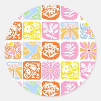 Farbenfrohe florale Tile Botanische Folk Whimsical Runder Aufkleber