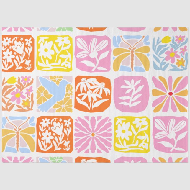 Farbenfrohe florale Tile Botanische Folk Whimsical Seidenpapier (Vorderseite)