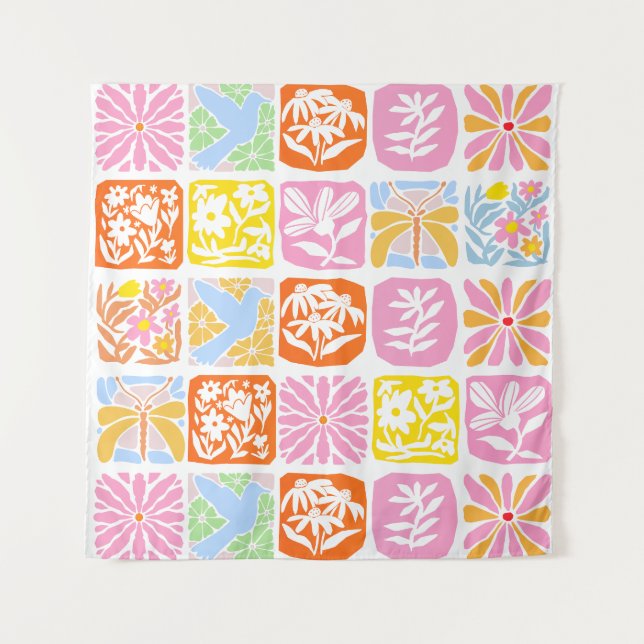 Farbenfrohe florale Tile Botanische Folk Whimsical Wandteppich (Vorderseite)