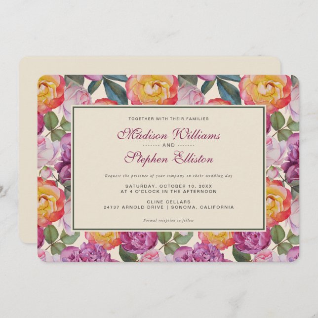 Farbenfrohe florale Wasserfarbe Bouquet - Hochzeit Einladung (Vorne/Hinten)