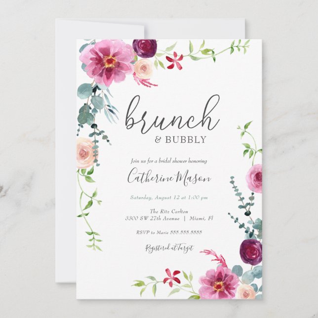 Farbenfrohe Florals Brunch und Bubbly Brautparty Einladung (Vorderseite)