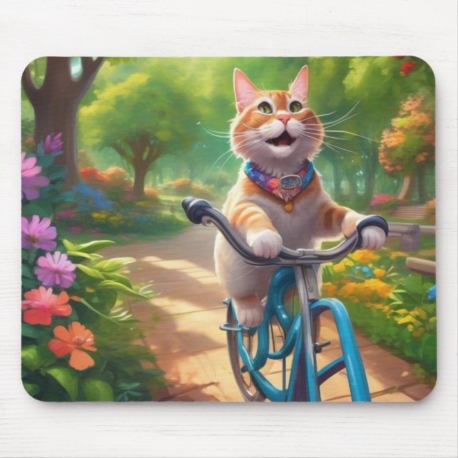 Farbenfrohe Florals mit Cat on Bicycle Mouse Pad Mousepad (Vorne)