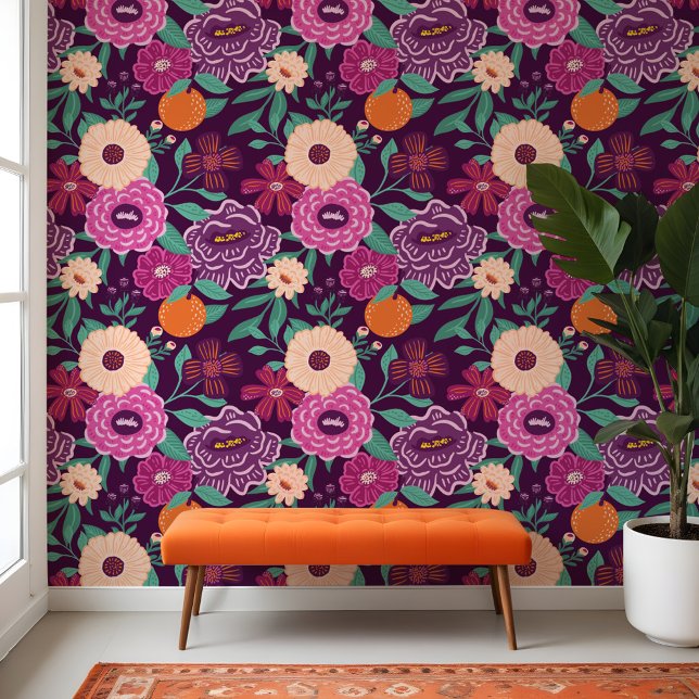 Farbenfrohe Florals & Orange Citrus Frucht Patten Tapete (Colourful Florals & Orange Citrus Fruit Patten Wallpaper)