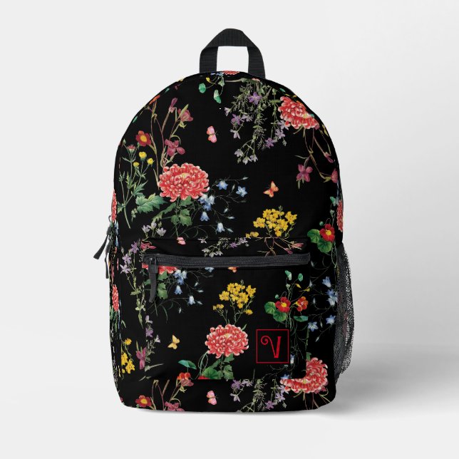 Farbenfrohe FLower Garden Hand Zeichnend Schwarz C Bedruckter Rucksack (Vorderseite)