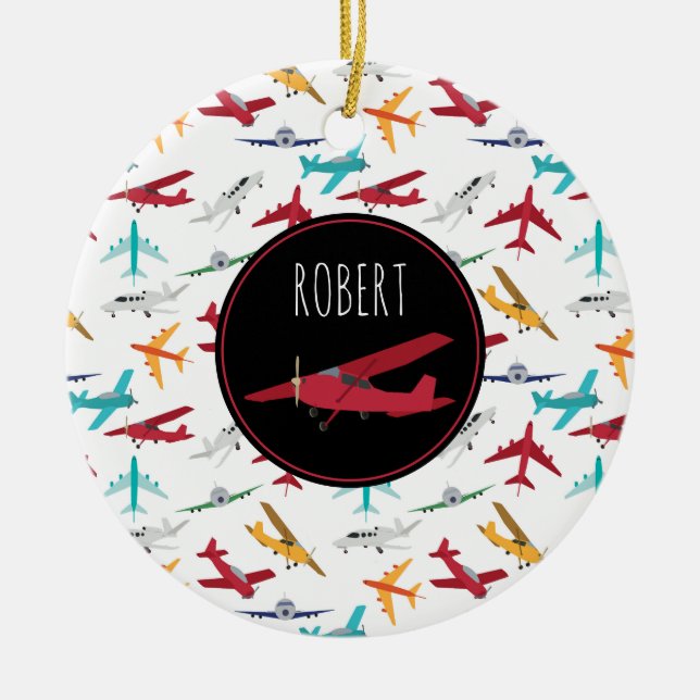 Farbenfrohe Flugzeuge Muster Individuelle Name Keramik Ornament (Vorne)