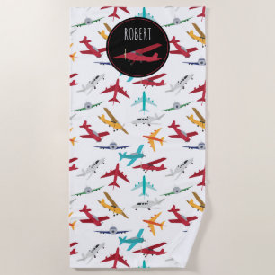 Farbenfrohe Flugzeuge Muster Individuelle Name Strandtuch