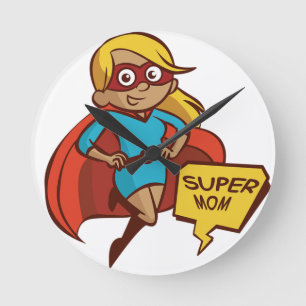 Farbenfrohe Flying Super Mama Runde Wanduhr
