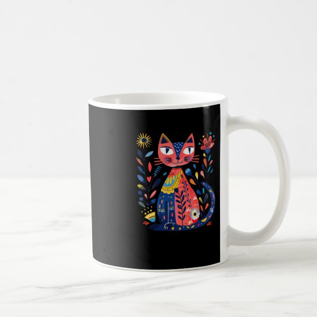 Farbenfrohe Folk Art Cat Illustration mit Blumen E Kaffeetasse (Rechts)