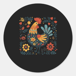 Farbenfrohe Folk Art Rooster-Illustration mit Blum Runder Aufkleber