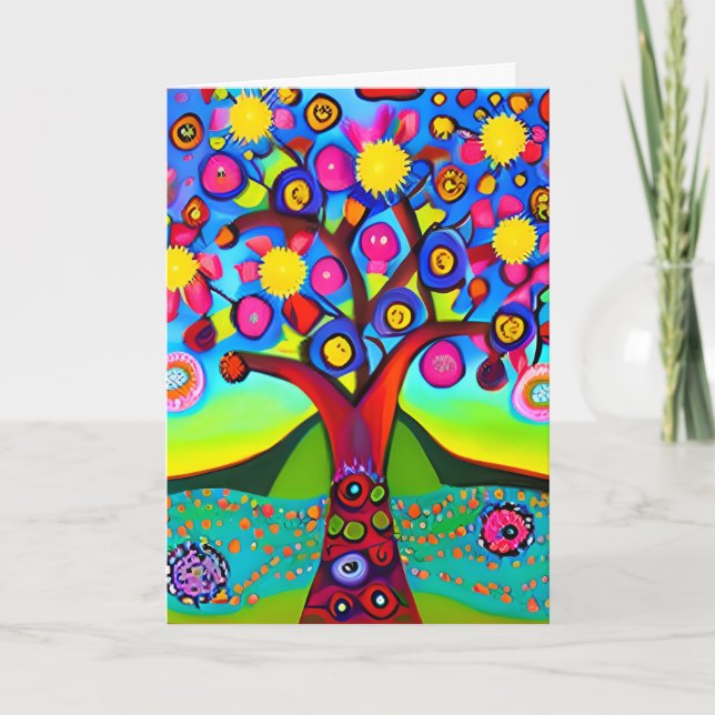 Farbenfrohe Folk Art Style Tree | Denken Sie an Si Karte (Vorderseite)