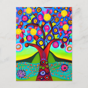 Farbenfrohe Folk Art Style Tree   Denken Sie an Si Postkarte