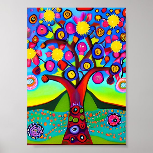 Farbenfrohe Folk Art Style Tree Poster (Vorne)