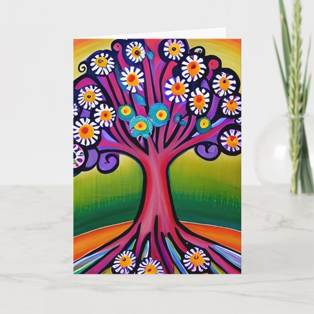 Farbenfrohe Folk Art Style Whimsical Tree | Geburt Karte (Vorderseite)