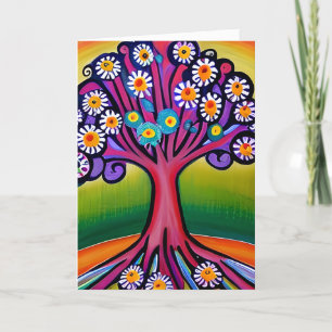 Farbenfrohe Folk Art Style Whimsical Tree Geburt Karte