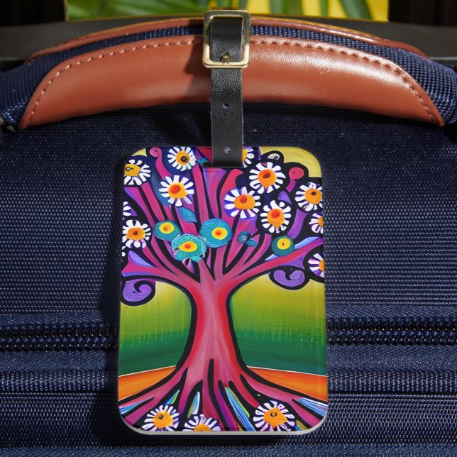 Farbenfrohe Folk Art Style Whimsical Tree Gepäckanhänger (Vorderseite Insitu 2)