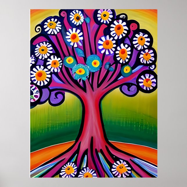 Farbenfrohe Folk Art Style Whimsical Tree Poster (Vorne)