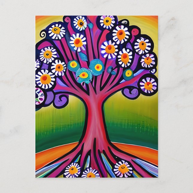Farbenfrohe Folk Art Style Whimsical Tree Postkarte (Vorderseite)