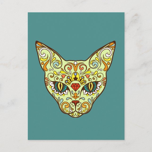 Farbenfrohe Folk Art Sugar Magical Cat Postkarte (Vorderseite)